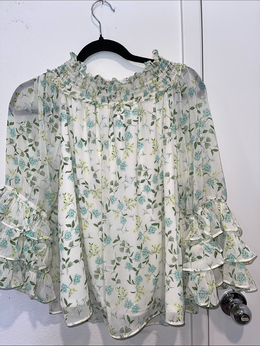 Floral Ruffle Off-Shoulder Blouse - White with Green Floral